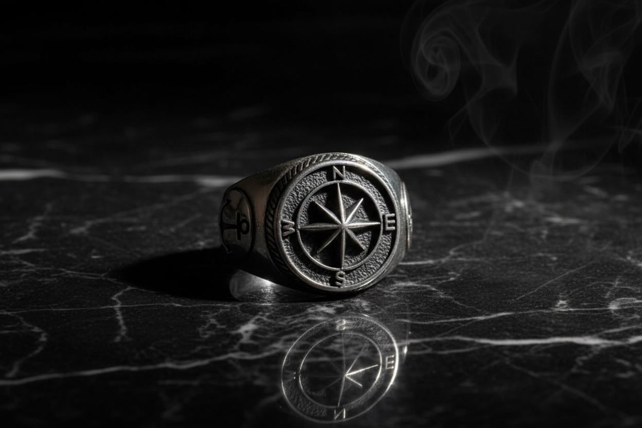 Anillo brújula sobre mármol negro