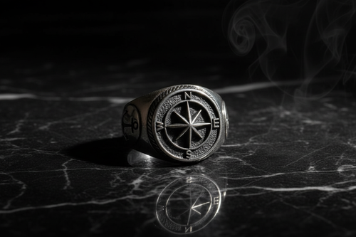 Anillo brújula sobre mármol negro