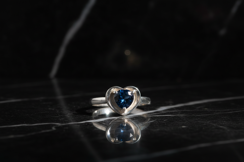 Anillo corazón con piedra azul sobre mármol