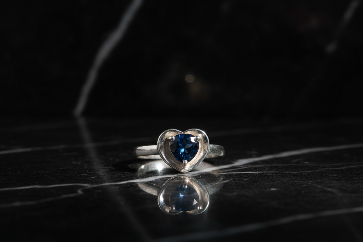 Anillo corazón con piedra azul sobre mármol