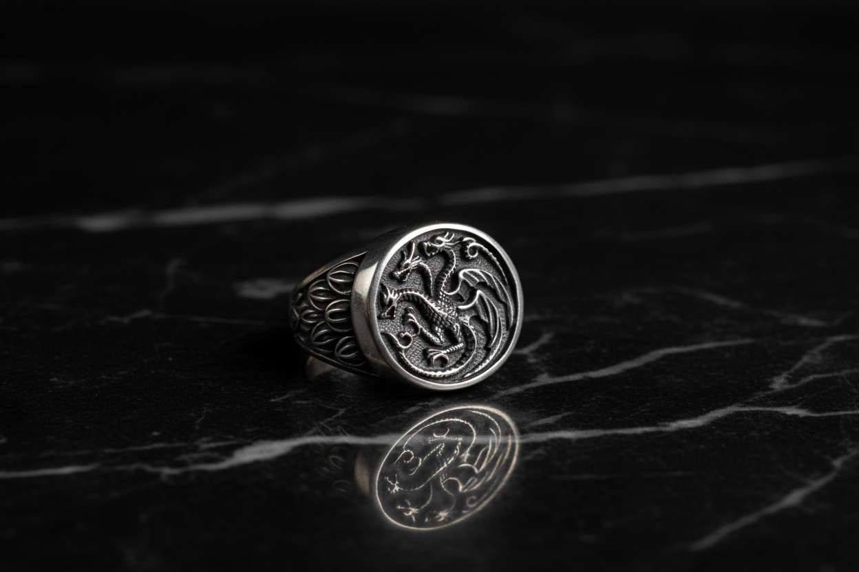 Anillo dragón sobre mármol negro