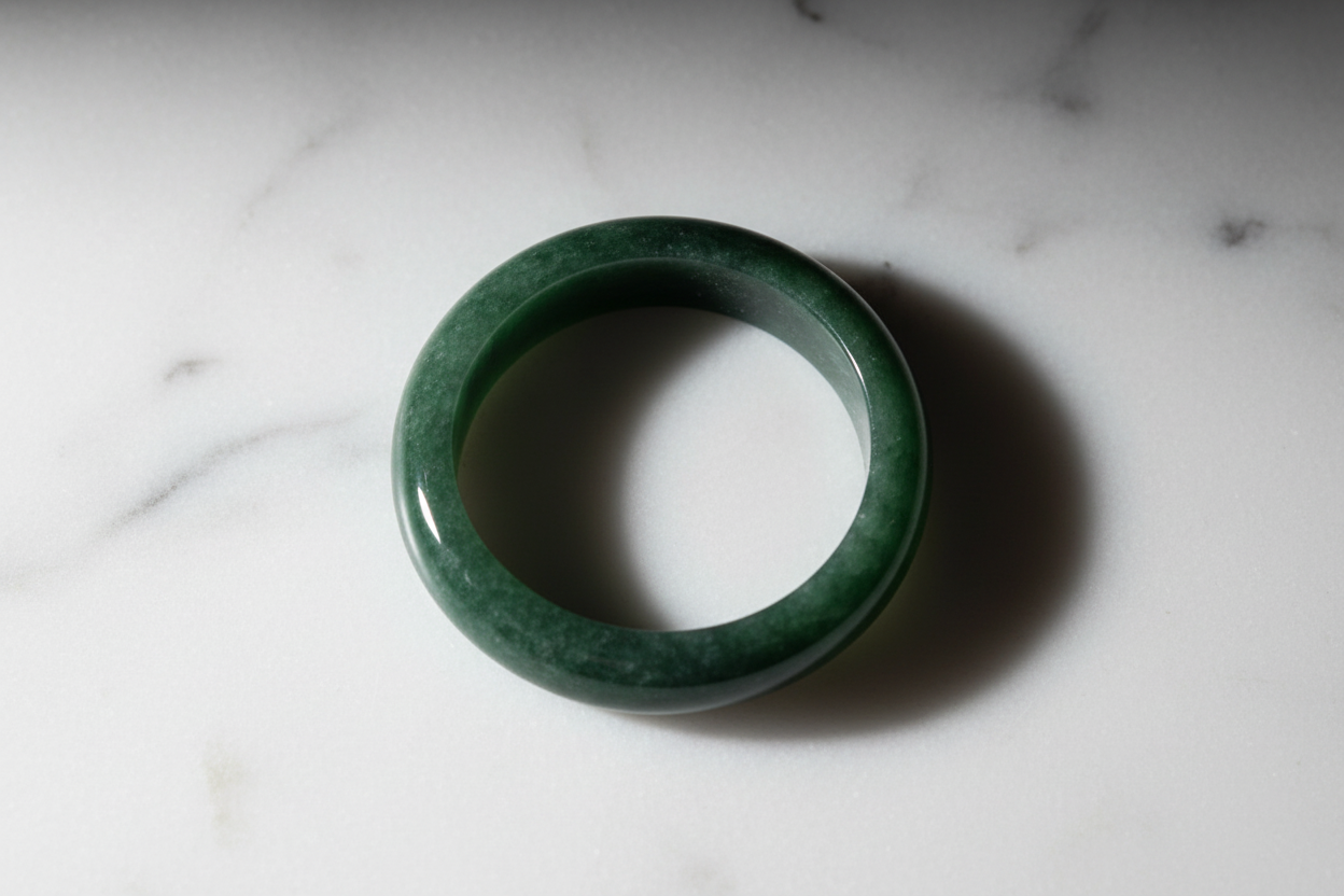 Anillo jade verde acostado sobre mármol