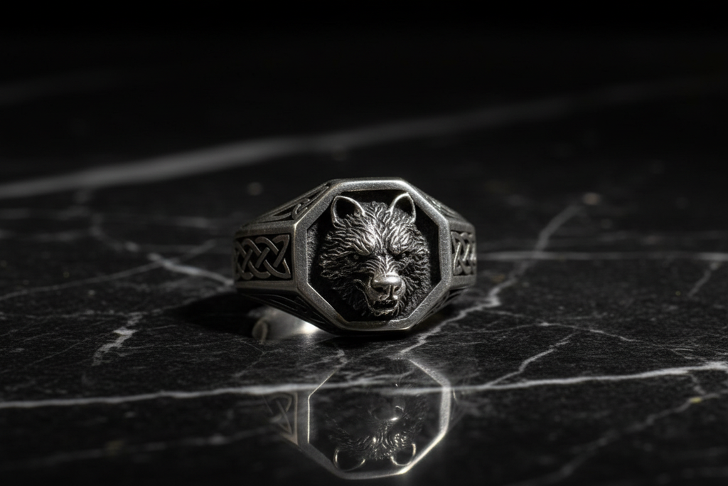 Anillo lobo sobre mármol negro