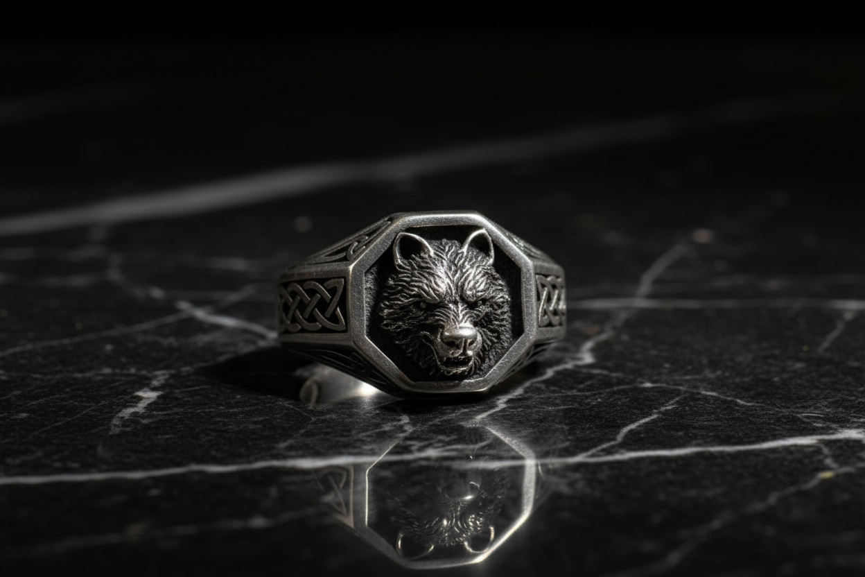 Anillo lobo sobre mármol negro