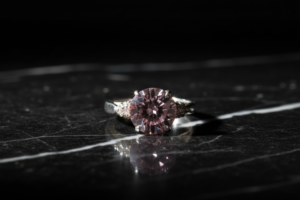 Anillo zirconia rosada sobre mármol negro