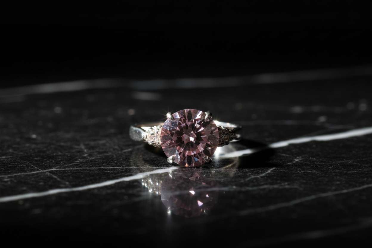 Anillo zirconia rosada sobre mármol negro