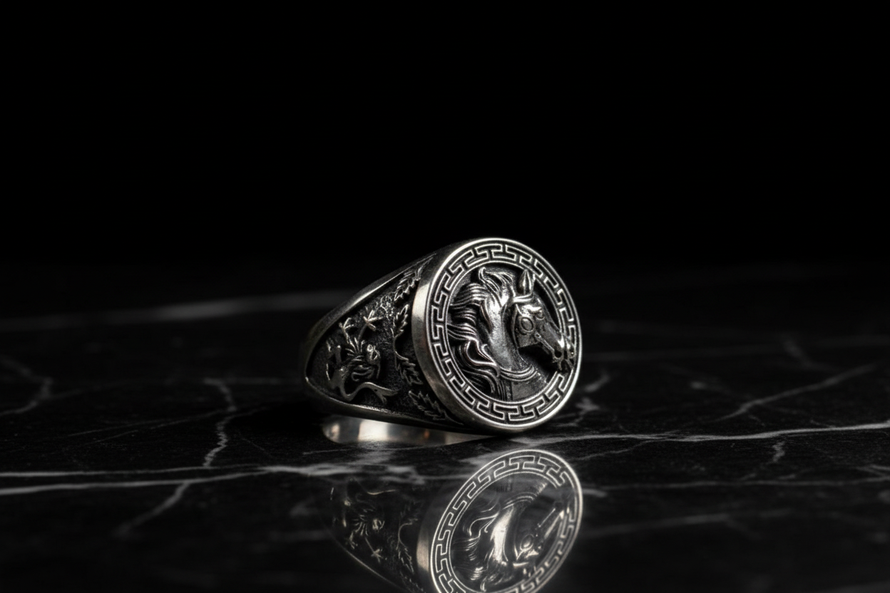 Unicorn ring on black marble