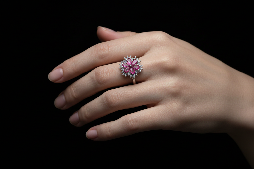 Mano con anillo flor fondo negro