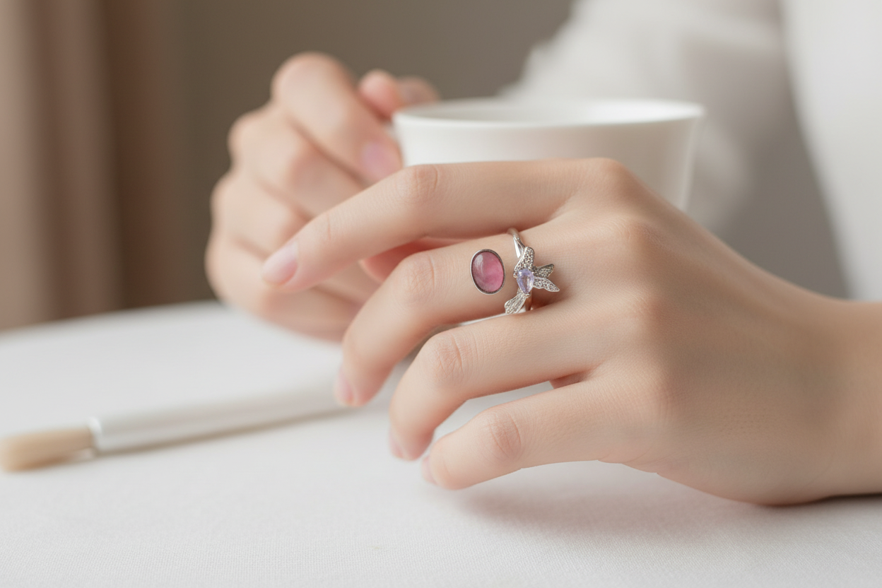 Mano femenina con anillo colibrí