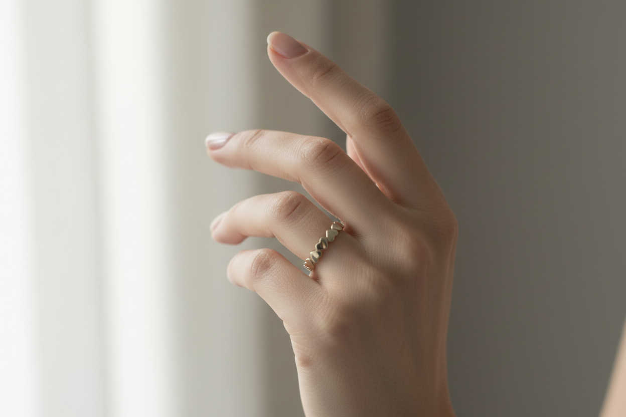 Mano femenina con anillo corazones
