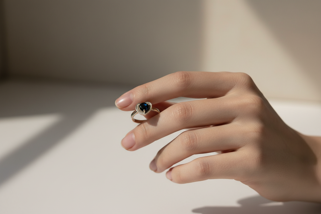 Mano femenina con anillo piedra negra