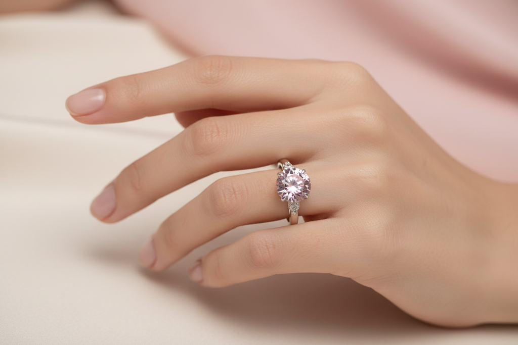 Mano femenina con anillo zirconia rosada
