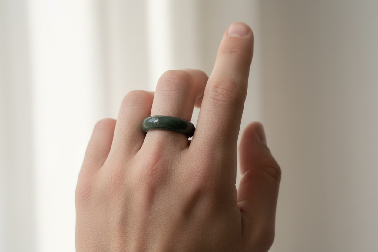 Modelo con anillo jade verde