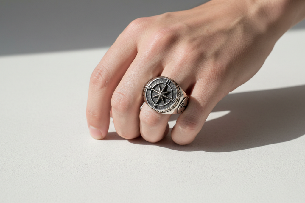 Modelo masculino con anillo brújula