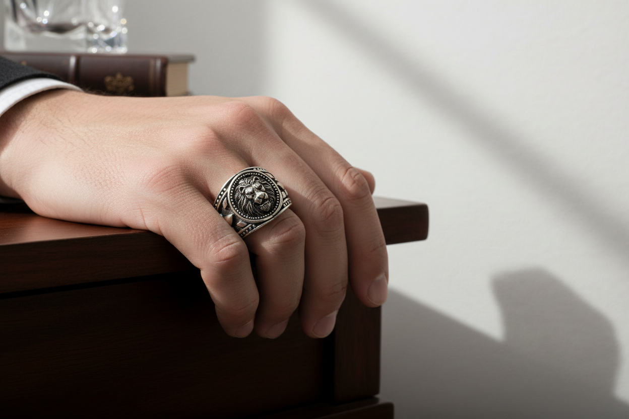 Modelo masculino con anillo león