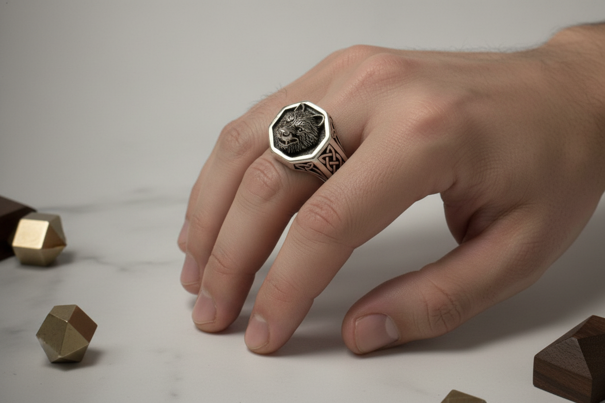 Modelo masculino con anillo lobo