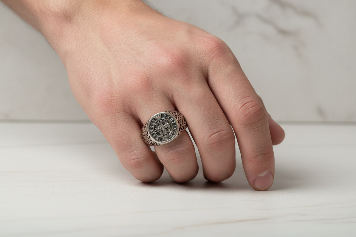 Modelo masculino con anillo San Benito