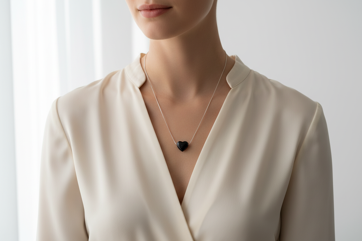 Mujer usando collar - corazón negro visible